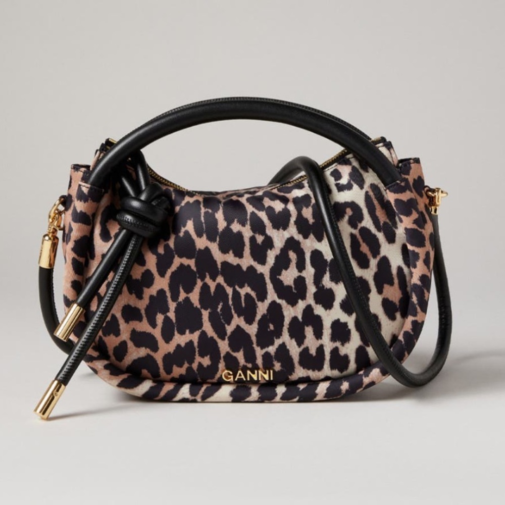 Ganni Leopard Print Mini Bag with Black Leather Straps and Gold Hardware